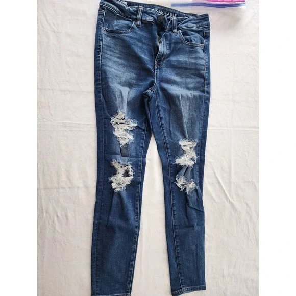 American Eagle Outfitters Hi‎ Rise Jegging Distressed Blue Jeans Womens - Picture 3 of 7